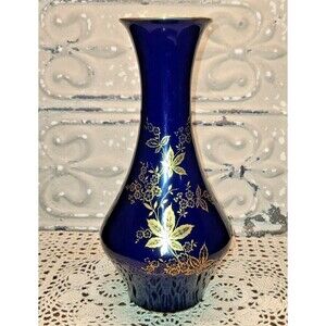 Lindner "Monie" Vase Kueps Bavaria Echt Cobalt Blue Metallic Gold Floral (flaw)